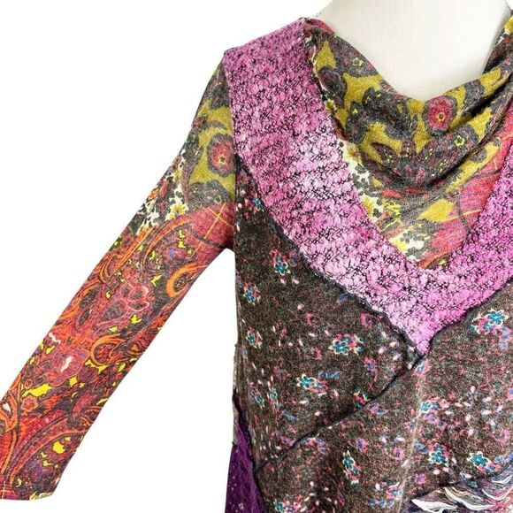 Ali Miles Multi Print & Fabric Tunic Top Art to Wear Layered Sweater Boho Size L - Picture 3 of 10